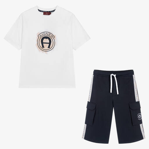 AIGNER-Teen Boys White & Navy Blue Shorts Set | Childrensalon Outlet