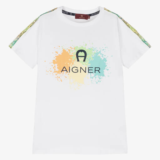 AIGNER-Teen Boys White Paint Logo T-Shirt | Childrensalon Outlet