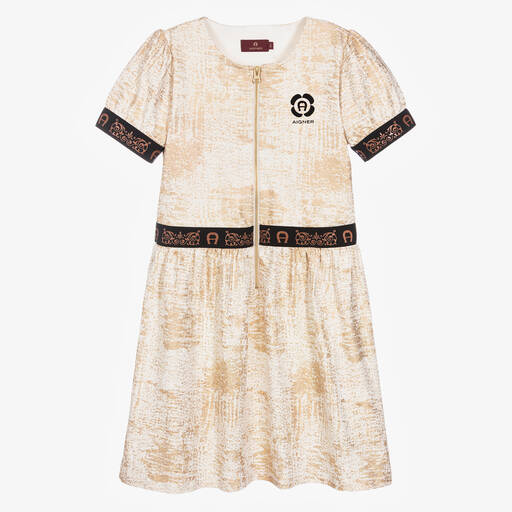 AIGNER-Teen Girls Ivory & Gold Cotton Logo Dress | Childrensalon Outlet