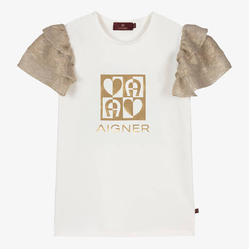 AIGNER-تيشيرت قطن جيرسي بليسيه لون عاجي وذهبي | Childrensalon Outlet