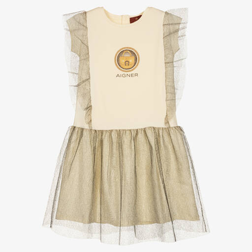 AIGNER-Teen Girls Ivory Jersey & Gold Tulle Dress | Childrensalon Outlet