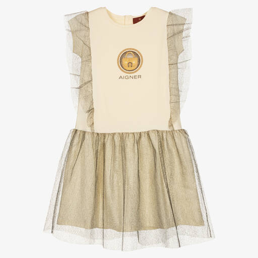 AIGNER-Jersey- & Tüllkleid Elfenbein/Gold | Childrensalon Outlet