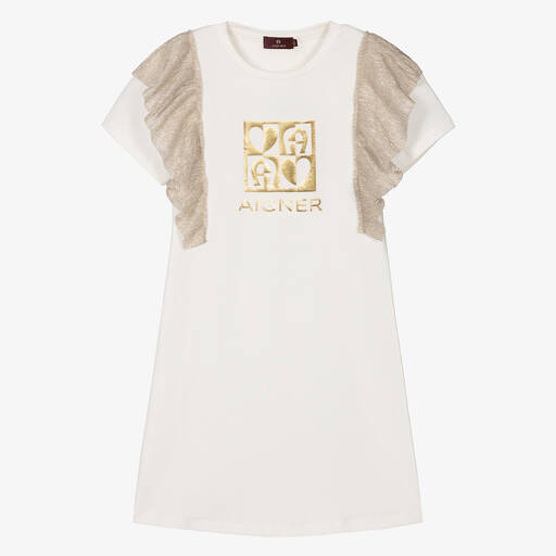 AIGNER-فستان قطن لون عاجي وذهبي متاليك للمراهقات | Childrensalon Outlet