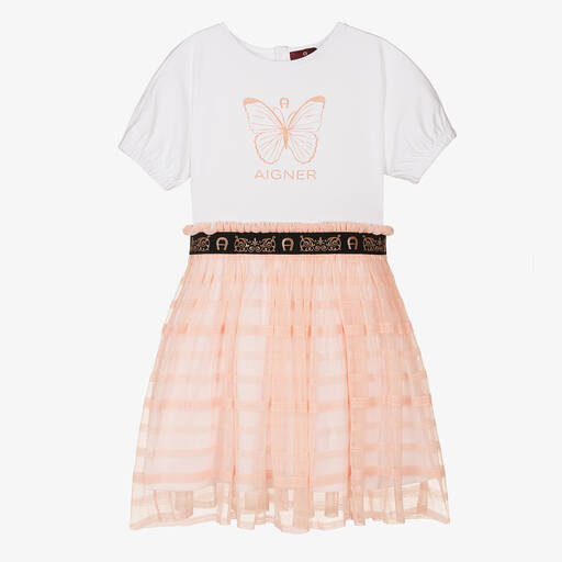 AIGNER-Robe rose et blanche à papillon ado | Childrensalon Outlet