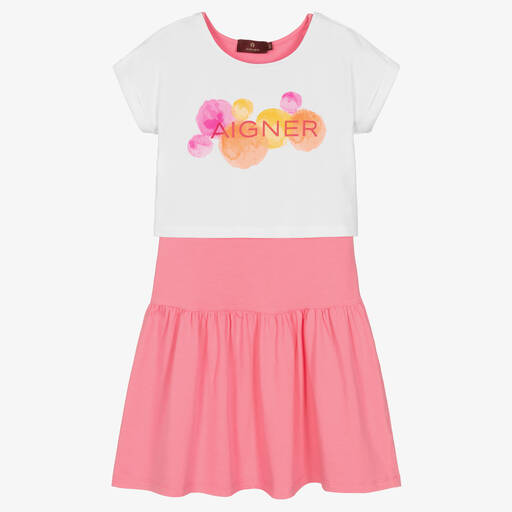 AIGNER-طقم فستان تينز بناتي قطن جيرسي لون زهري وأبيض | Childrensalon Outlet