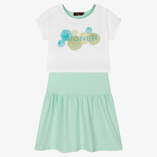 AIGNER-Белый топ и зеленое платье из хлопка | Childrensalon Outlet