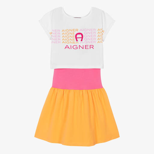 AIGNER-Teen Girls White & Pink Cotton Dress Set | Childrensalon Outlet