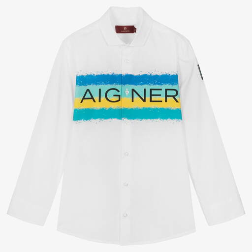 AIGNER-قميص تينز ولادي قطن بوبلين لون أبيض وأزرق | Childrensalon Outlet