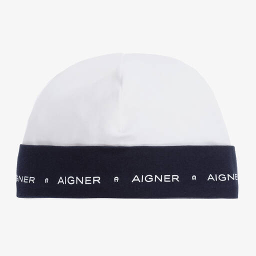 AIGNER-Bonnet blanc et bleu en coton Pima Bébé | Childrensalon Outlet
