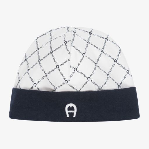 AIGNER-قبعة قطن بيما جيرسي لون أبيض وكحلي للمواليد | Childrensalon Outlet