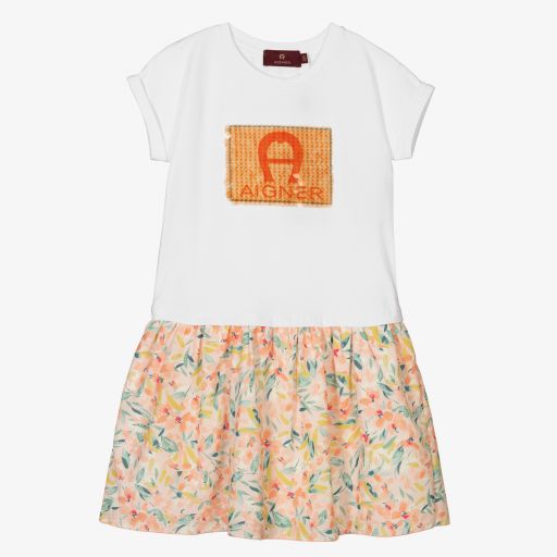 AIGNER-Blumenkleid in Weiß und Orange | Childrensalon Outlet