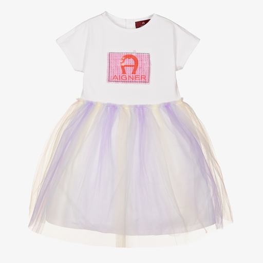 AIGNER-White & Rainbow Tulle Dress | Childrensalon Outlet