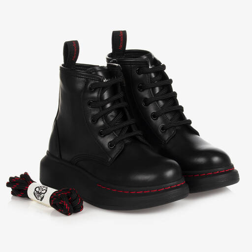 Alexander McQueen-Black Leather Lace-Up Boots | Childrensalon Outlet