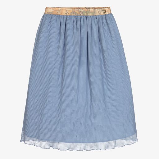 Alviero Martini-Blue Pleated Geo Map Skirt  | Childrensalon Outlet