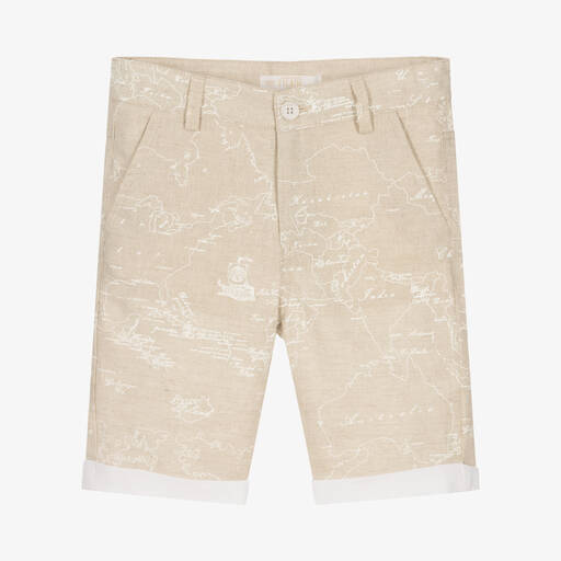 Alviero Martini-Boys Beige Linen Geo Map Print Shorts  | Childrensalon Outlet