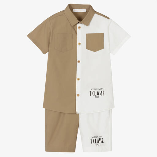 Alviero Martini-Бело-бежевая рубашка и шорты из хлопка для мальчиков | Childrensalon Outlet