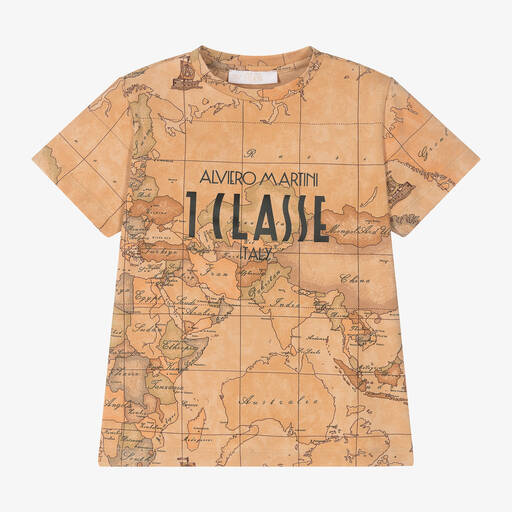 Alviero Martini-Boys Dark Beige Geo Map Cotton T-Shirt | Childrensalon Outlet