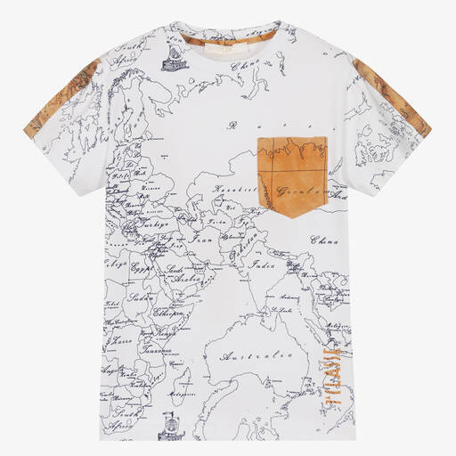 Alviero Martini-Boys White Cotton Geo Map T-Shirt | Childrensalon Outlet
