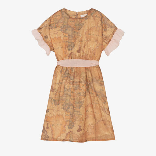 Alviero Martini-Girls Dark Beige Geo Map & Pink Belt Dress | Childrensalon Outlet