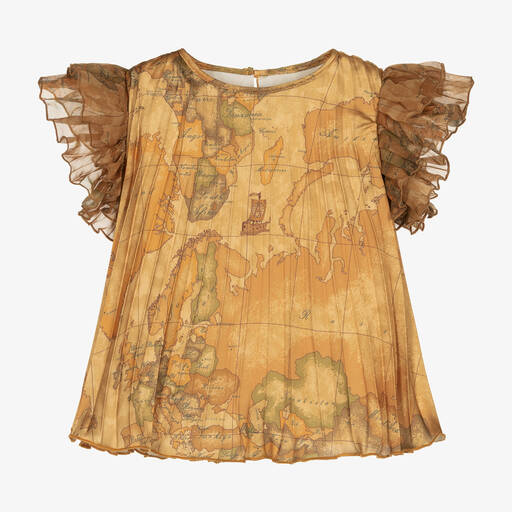 Alviero Martini-Girls Dark Beige Geo Map Satin Blouse | Childrensalon Outlet