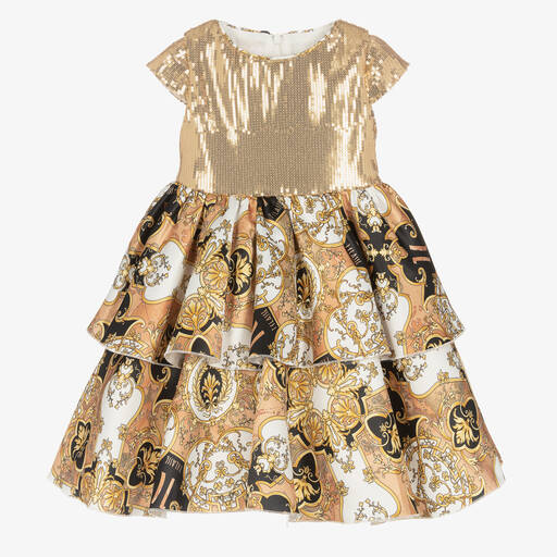 Alviero Martini-Girls Gold Sequin & Satin Geo Arabic Dress | Childrensalon Outlet