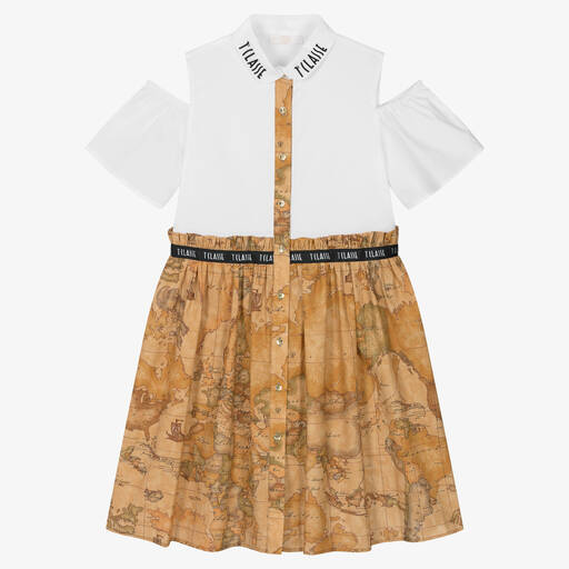 Alviero Martini-Girls White & Beige Cotton Geo Map Dress | Childrensalon Outlet