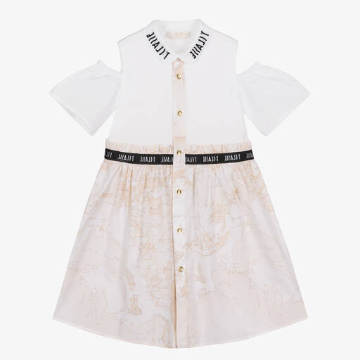 Alviero Martini-Бело-бежевое хлопковое платье с картой мира | Childrensalon Outlet
