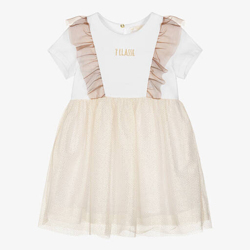 Alviero Martini-Girls White Jersey & Gold Tulle Dress | Childrensalon Outlet