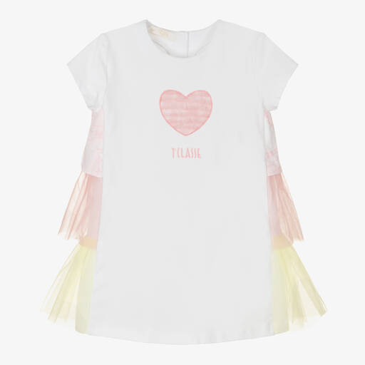 Alviero Martini-Бело-розовое платье с рюшами из тюля | Childrensalon Outlet