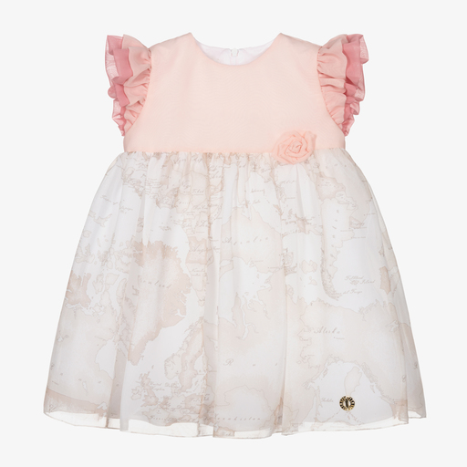 Alviero Martini-Розовое платье с рюшами и картой мира | Childrensalon Outlet