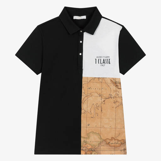 Alviero Martini-Teen Boys Black Geo Map Cotton Polo Shirt | Childrensalon Outlet