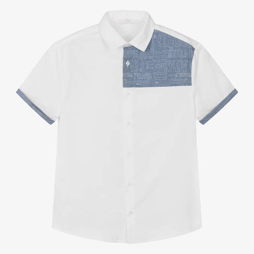 Alviero Martini-Teen Boys White Cotton & Denim Shirt | Childrensalon Outlet
