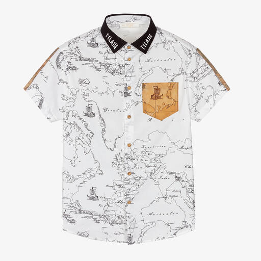 Alviero Martini-Teen Boys White Cotton Geo Map Shirt | Childrensalon Outlet