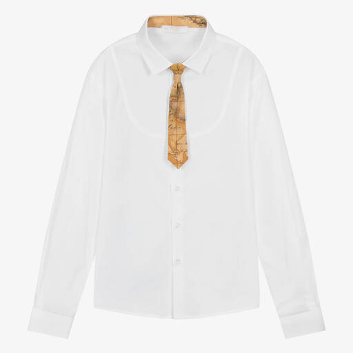 Alviero Martini-Teen Boys White Cotton Shirt & Geo Map Tie  | Childrensalon Outlet