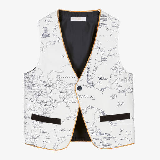 Alviero Martini-Teen Boys White Geo Map Cotton Waistcoat | Childrensalon Outlet