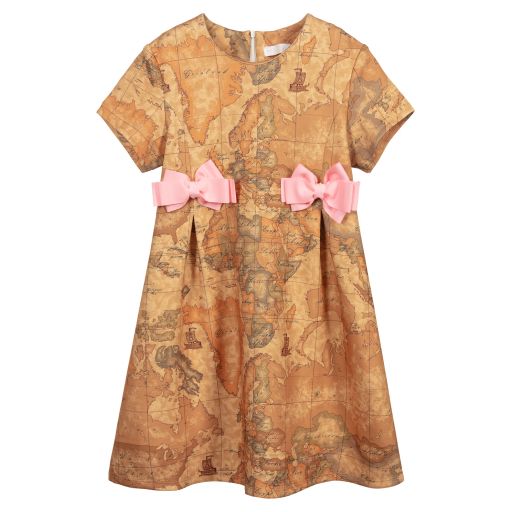 Alviero Martini-فستان لون بيج داكن بكسرات وطبعة خريطة | Childrensalon Outlet