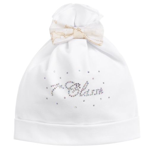 Alviero Martini-قبعة قطن جيرسي لون أبيض و بيج للمولودات  | Childrensalon Outlet