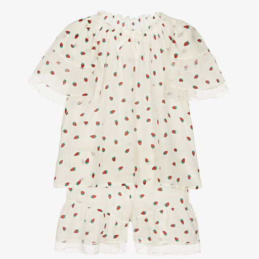 AMIKI Children-Girls Ivory Silk Strawberry Print Pyjamas | Childrensalon Outlet