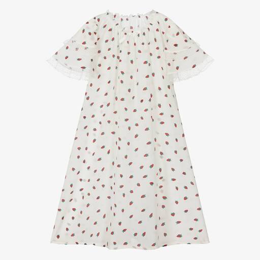 AMIKI Children-Girls Ivory Strawberry Print Silk Nightdress | Childrensalon Outlet