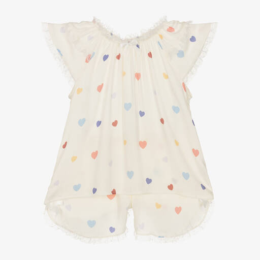 AMIKI Children-Girls Ivory Viscose Hearts Short Pyjamas | Childrensalon Outlet