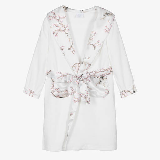 AMIKI Children-Girls White Cotton & Silk Cranes Dressing Gown | Childrensalon Outlet