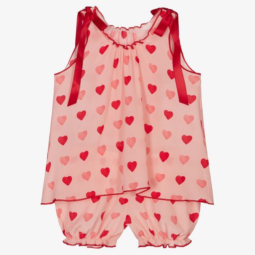 AMIKI Children-Rosa Seiden-Schlafanzug mit Herzen | Childrensalon Outlet