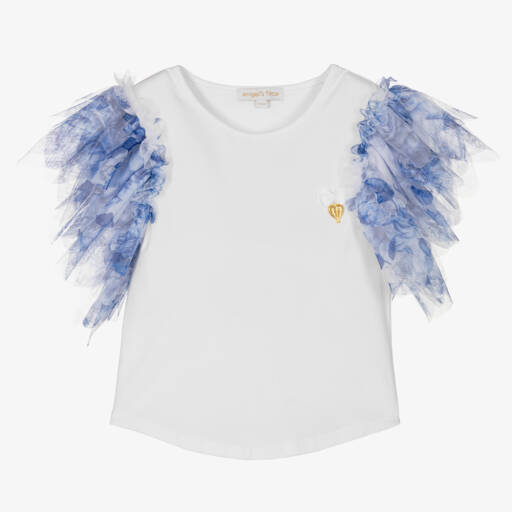 Angel's Face-Girls White & Blue Tulle Sleeve Top | Childrensalon Outlet