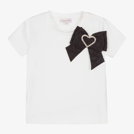 Angel's Face-Белая хлопковая футболка с жаккардовым бантом с сердцем | Childrensalon Outlet