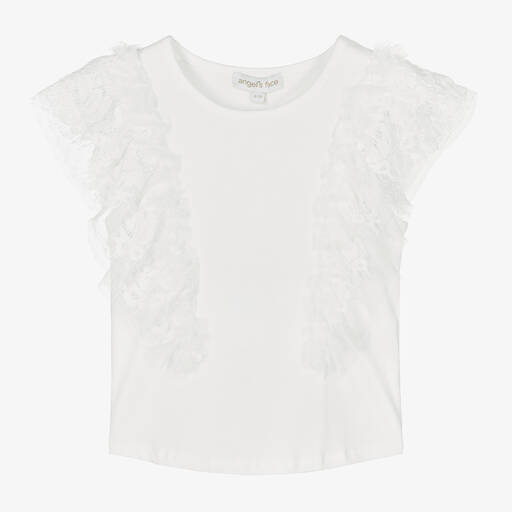 Angel's Face-Girls White Lace & Tulle Sleeve T-Shirt | Childrensalon Outlet