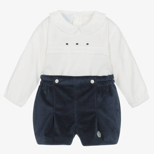 Artesanía Granlei-Baby Boys Ivory & Blue Velvet Buster Suit | Childrensalon Outlet