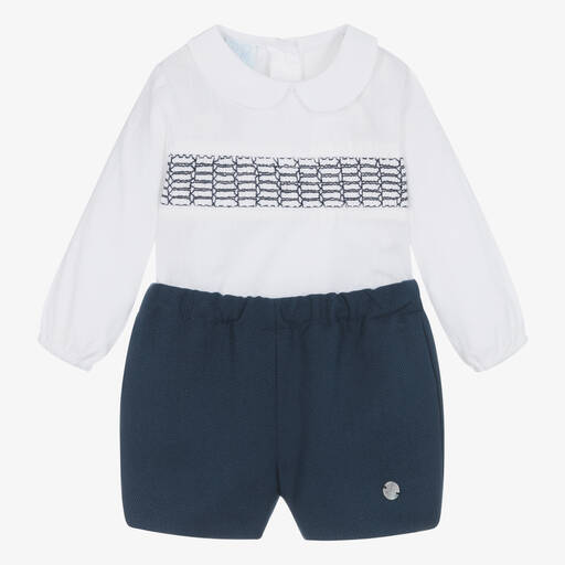 Artesanía Granlei-Baby Boys White & Blue Shorts Set | Childrensalon Outlet