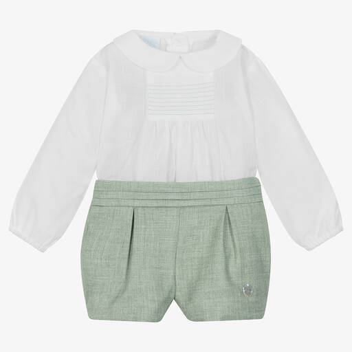 Artesanía Granlei-Baby Boys White & Green Cotton Shorts Set | Childrensalon Outlet