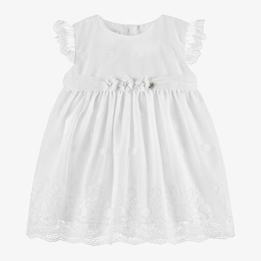 Artesanía Granlei-فستان تول مزين بدانتيل لون أبيض للمولودات | Childrensalon Outlet