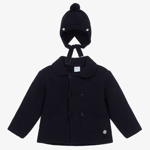 Artesanía Granlei-Blue Knit Baby Coat & Hat Set | Childrensalon Outlet